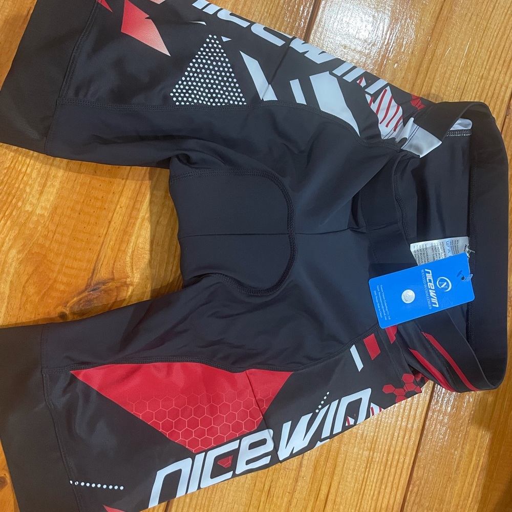 Men’s bicycle shorts. Nicewin. Large. Black base with red and white.